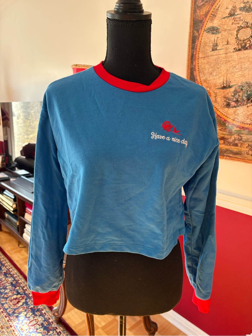 Blue & Red 'Have a Nice Day' Long Sleeve Crop Top